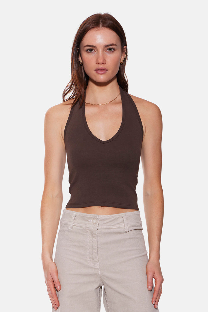 Halle Rib Halter Top Brown