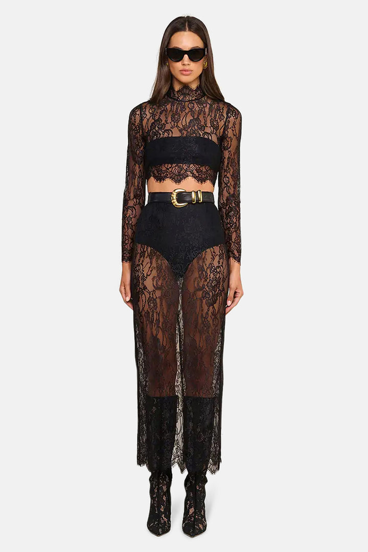 Henriette Lace Cropped Long Sleeve Top Black