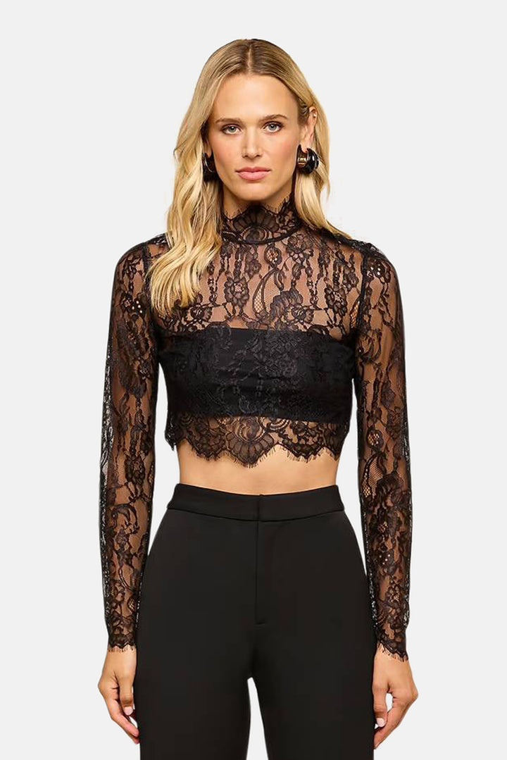 Henriette Lace Cropped Long Sleeve Top Black