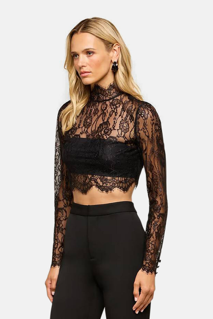 Henriette Lace Cropped Long Sleeve Top Black