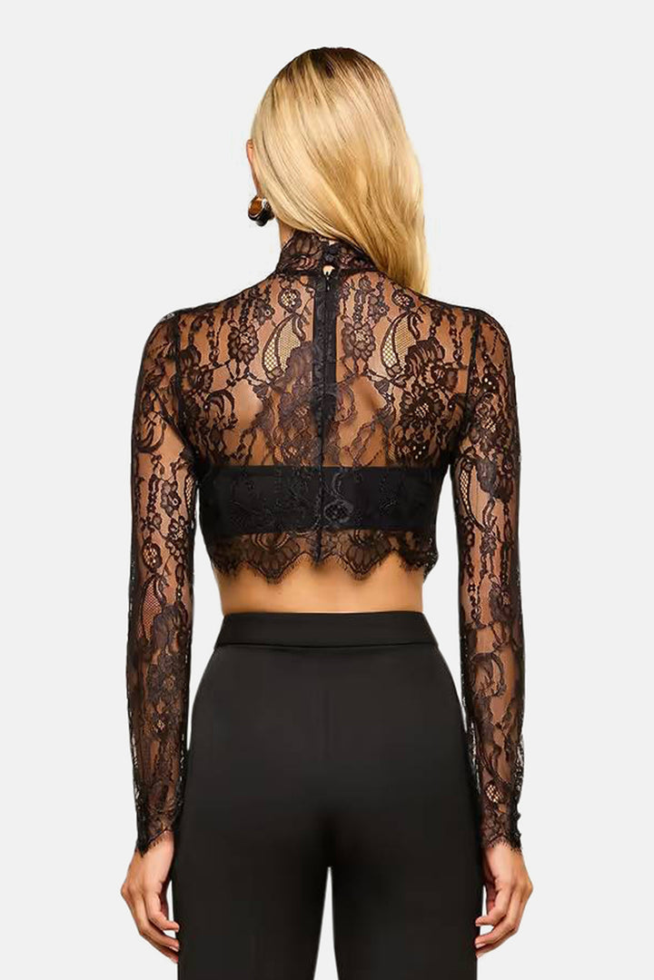 Henriette Lace Cropped Long Sleeve Top Black