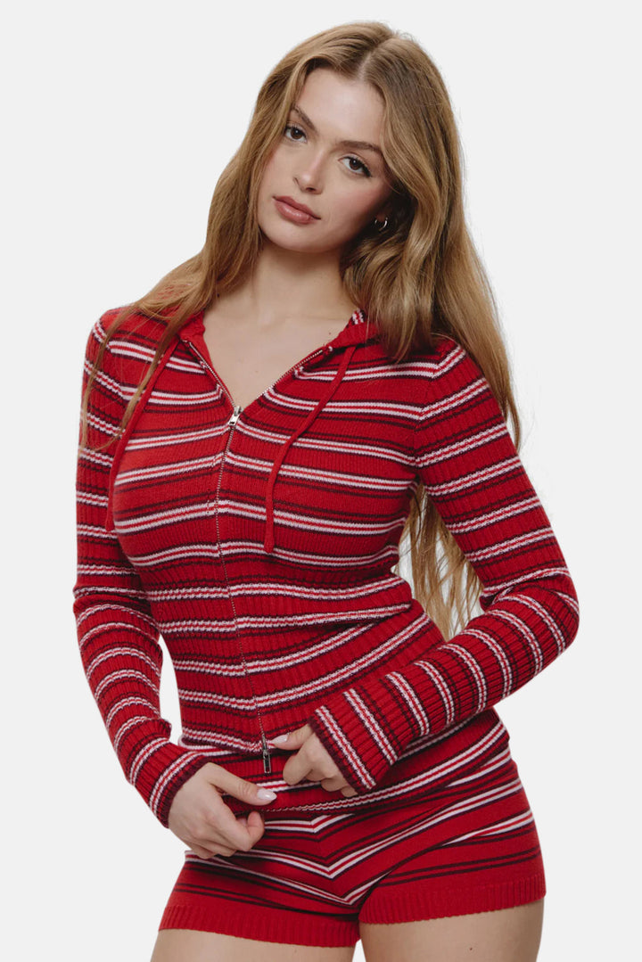 Heritage Zip Up Knit Hoodie Strawberry Stripe