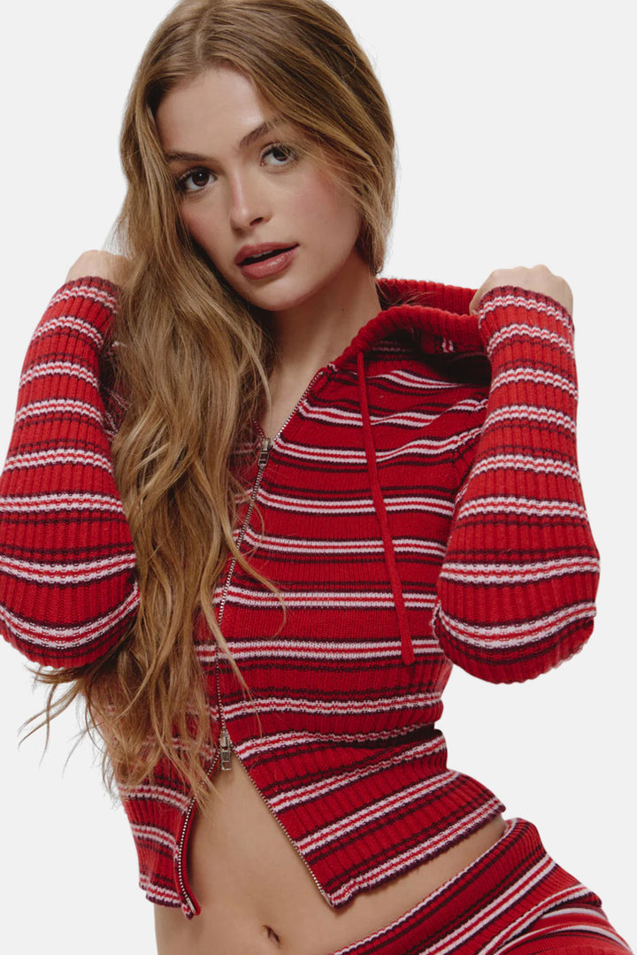 Heritage Zip Up Knit Hoodie Strawberry Stripe