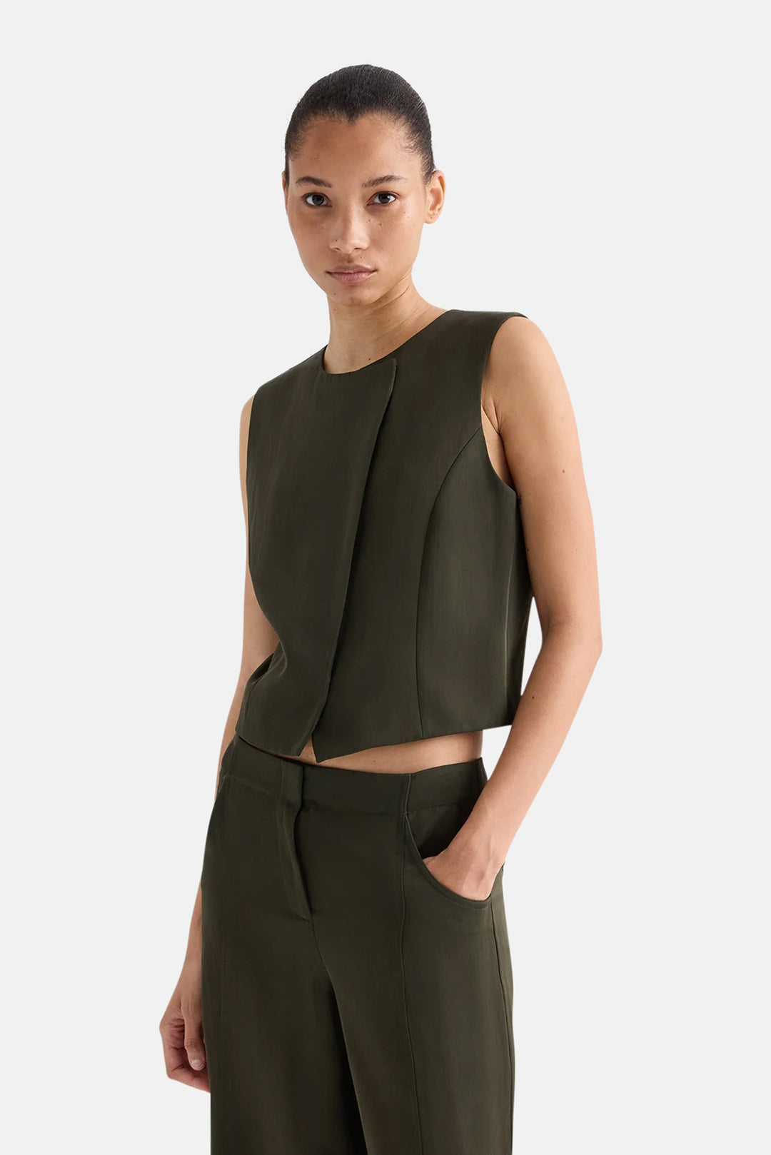 High Neck Hidden Placket Vest in Coated Viscose Linen Rosen