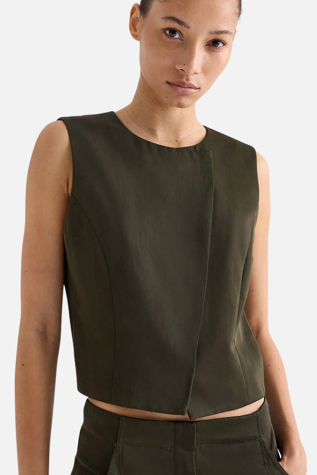High Neck Hidden Placket Vest in Coated Viscose Linen Rosen