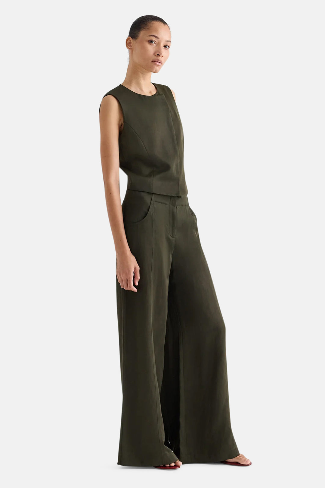 High Neck Hidden Placket Vest in Coated Viscose Linen Rosen