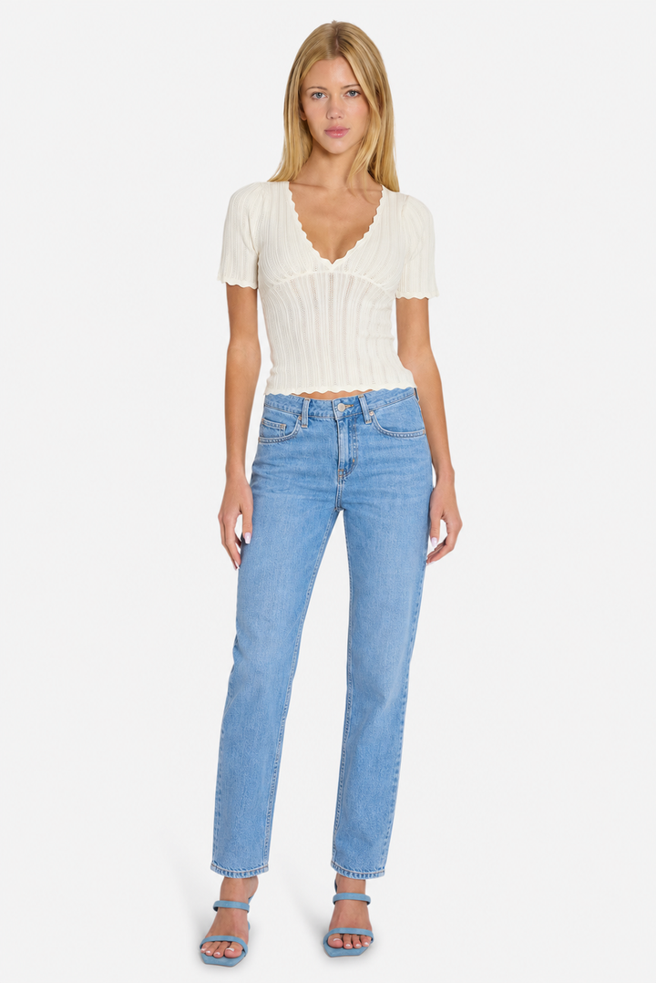 Kaia Pointelle V-Neck Top Ivory