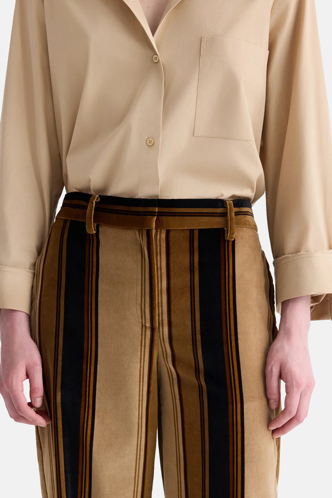 Isla Pant without Pintuck in Baiadere Stripe Cotton Velvet Sepia Tint/Midnight