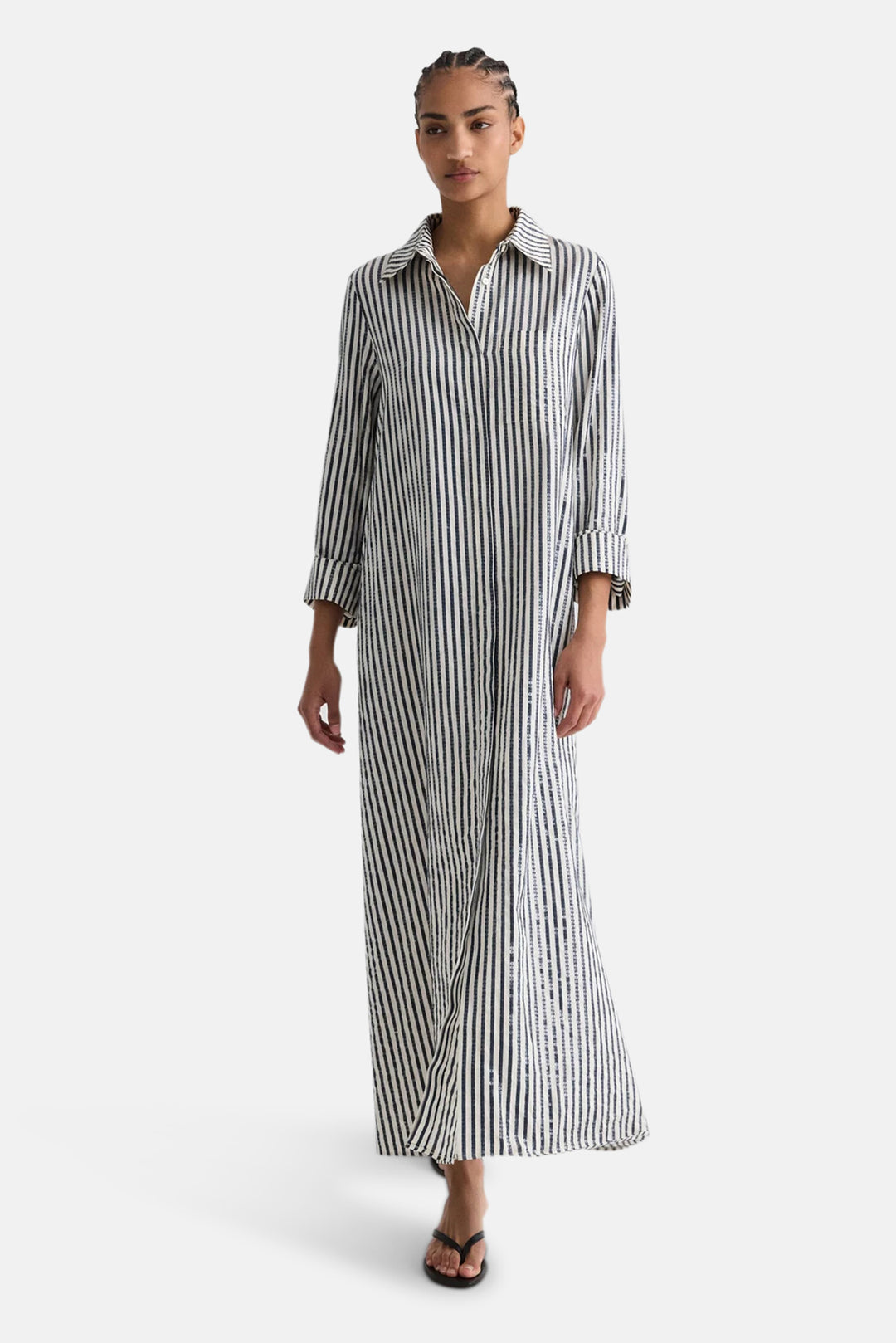 Jenny's Gown in Clear Sequin on Stripe Indigo/White