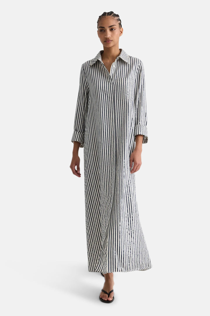 Jenny's Gown in Clear Sequin on Stripe Indigo/White