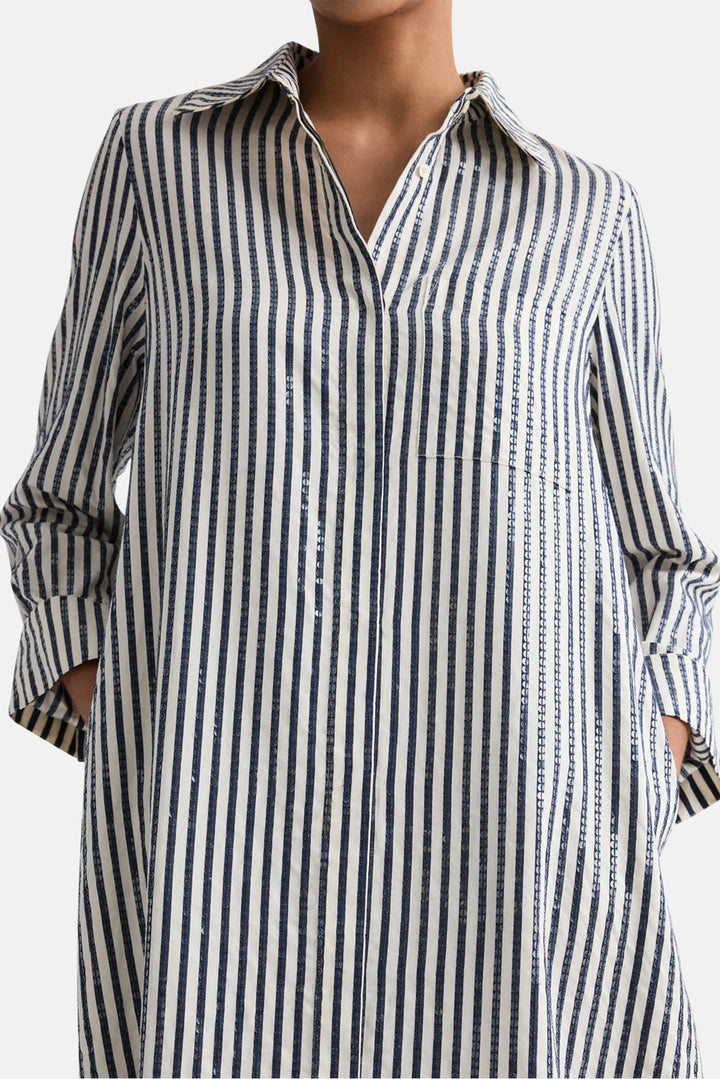 Jenny's Gown in Clear Sequin on Stripe Indigo/White
