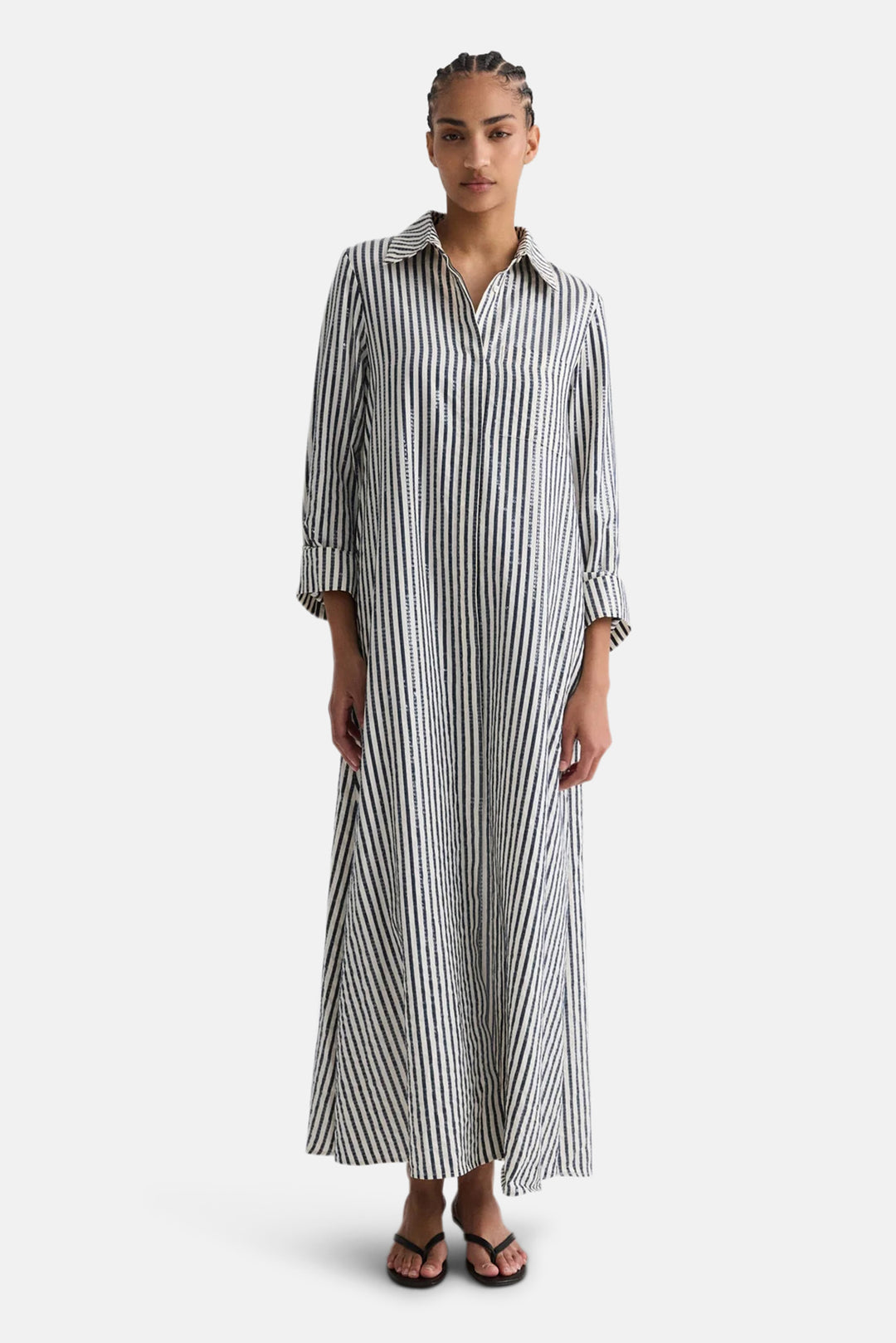 Jenny's Gown in Clear Sequin on Stripe Indigo/White