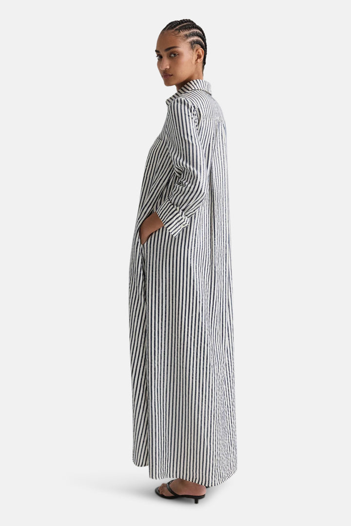Jenny's Gown in Clear Sequin on Stripe Indigo/White