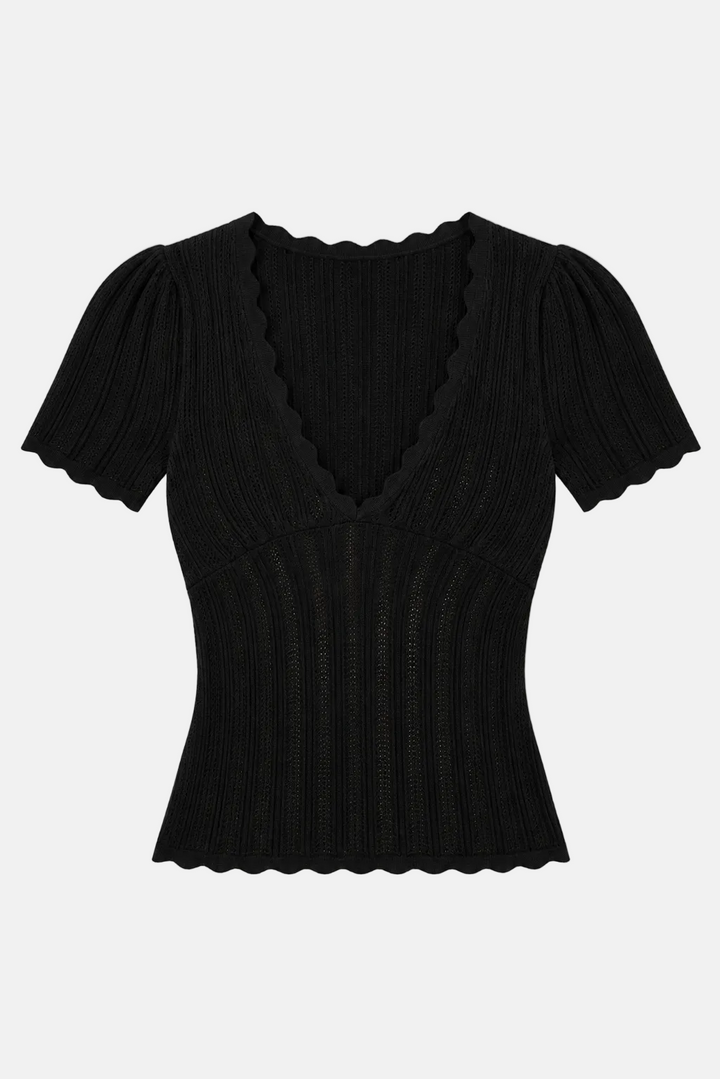 Kaia Pointelle V-Neck Top Black