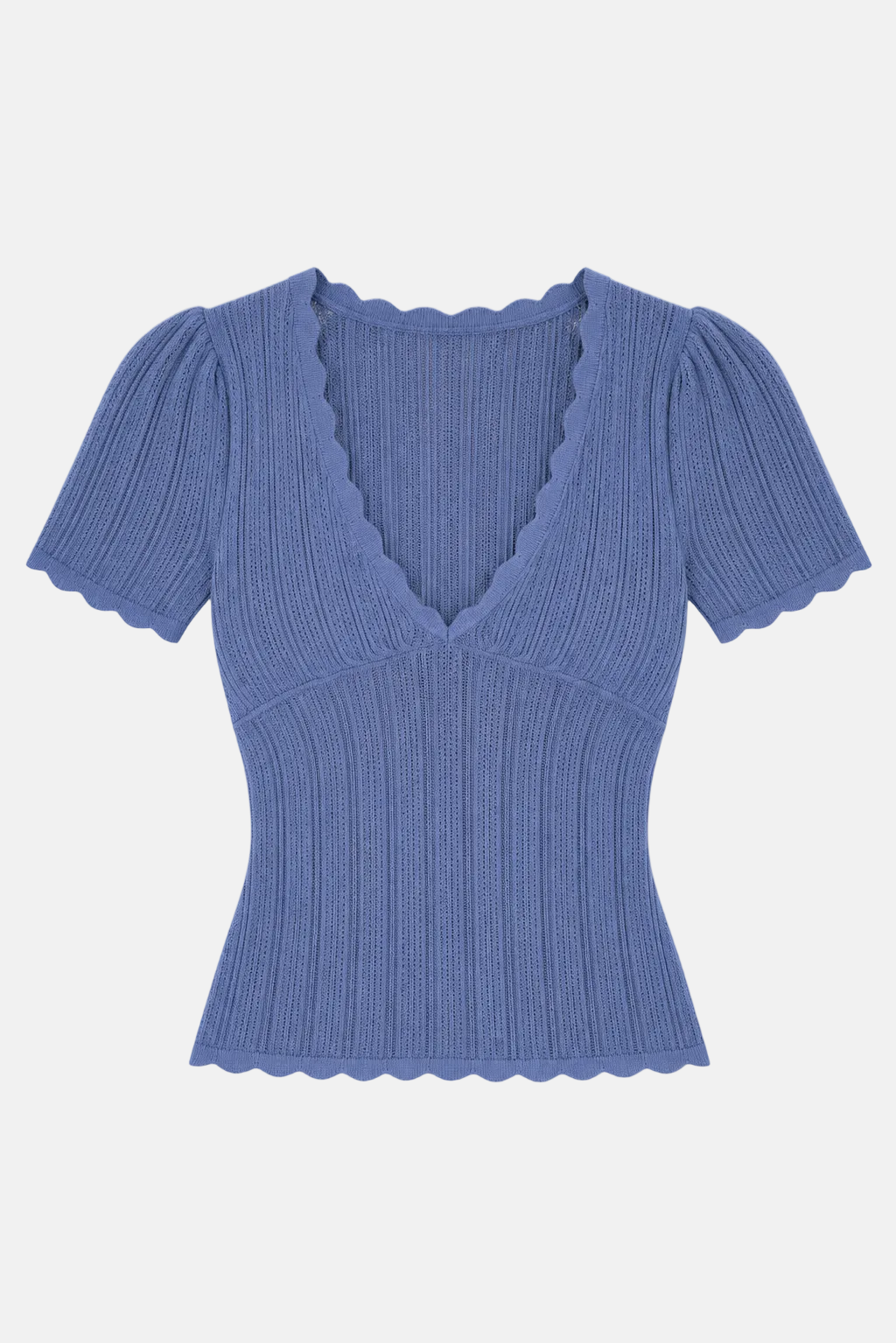 Kaia Pointelle V-Neck Top Blue
