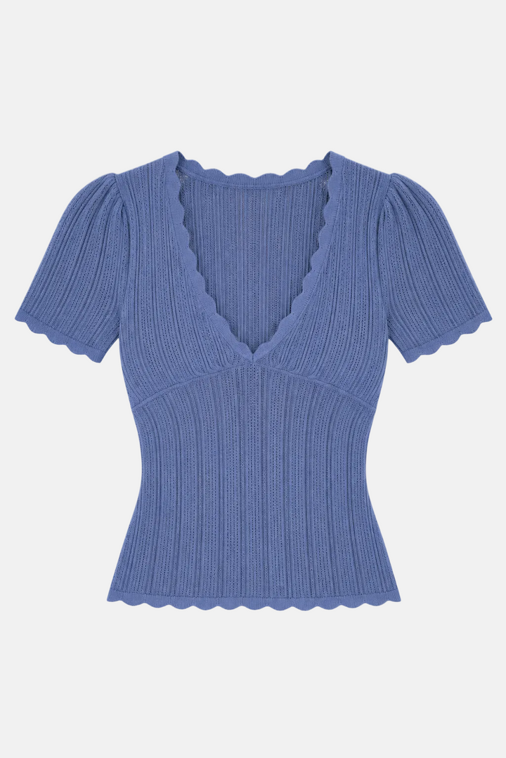 Kaia Pointelle V-Neck Top Blue