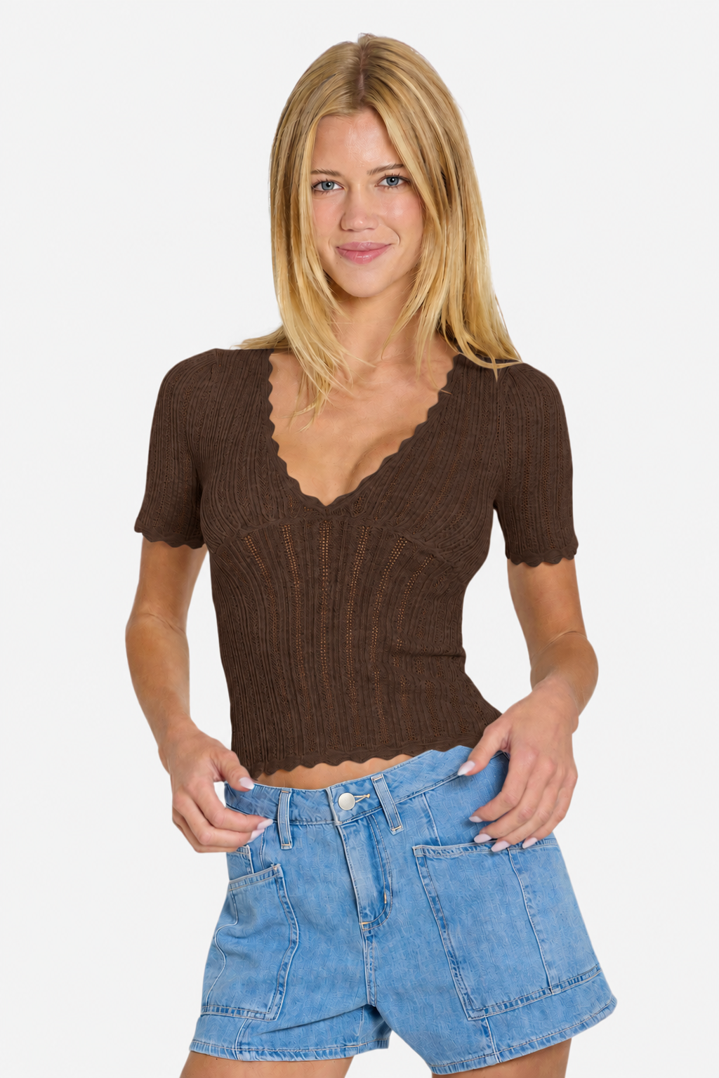 Kaia Pointelle V-Neck Top Chocolate