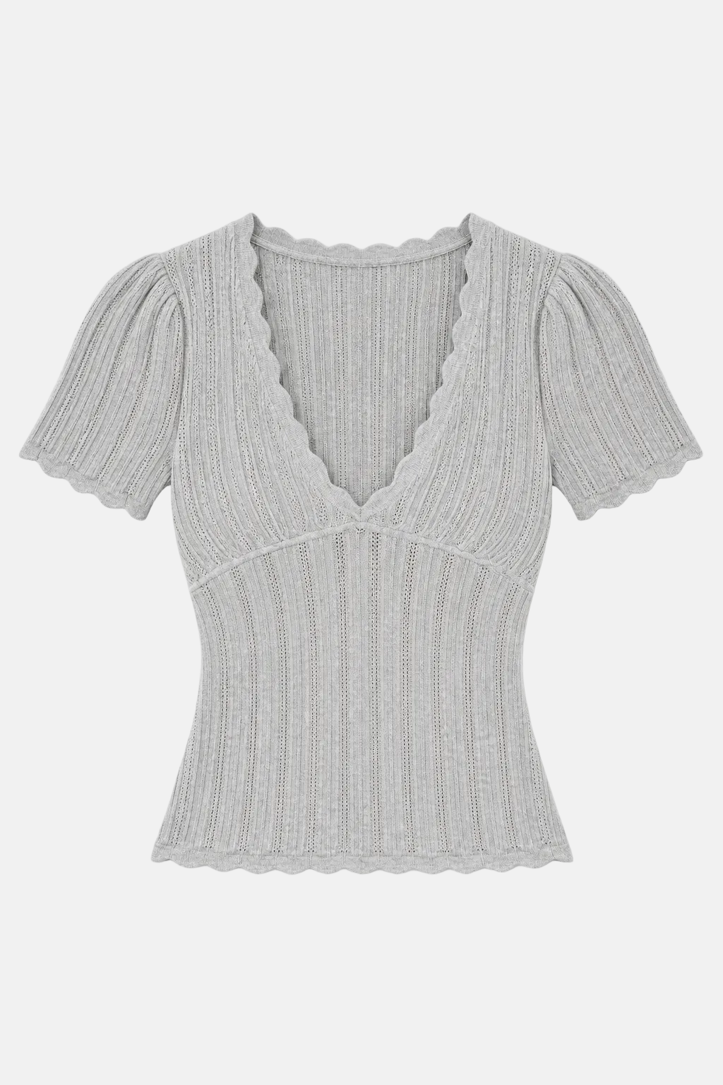 Kaia Pointelle V-Neck Top Grey