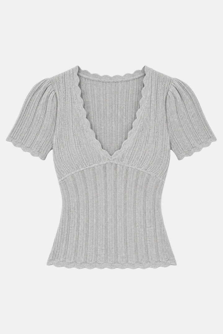 Kaia Pointelle V-Neck Top Grey