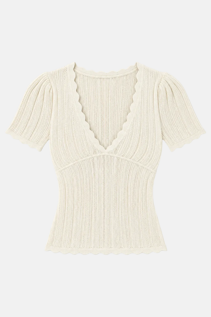 Kaia Pointelle V-Neck Top Ivory