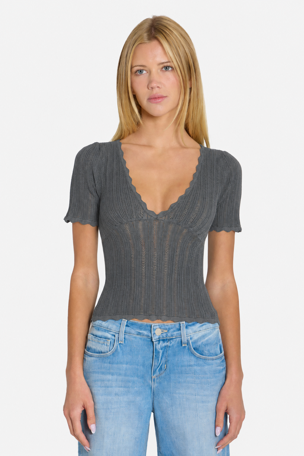 Kaia Pointelle V-Neck Top Slate