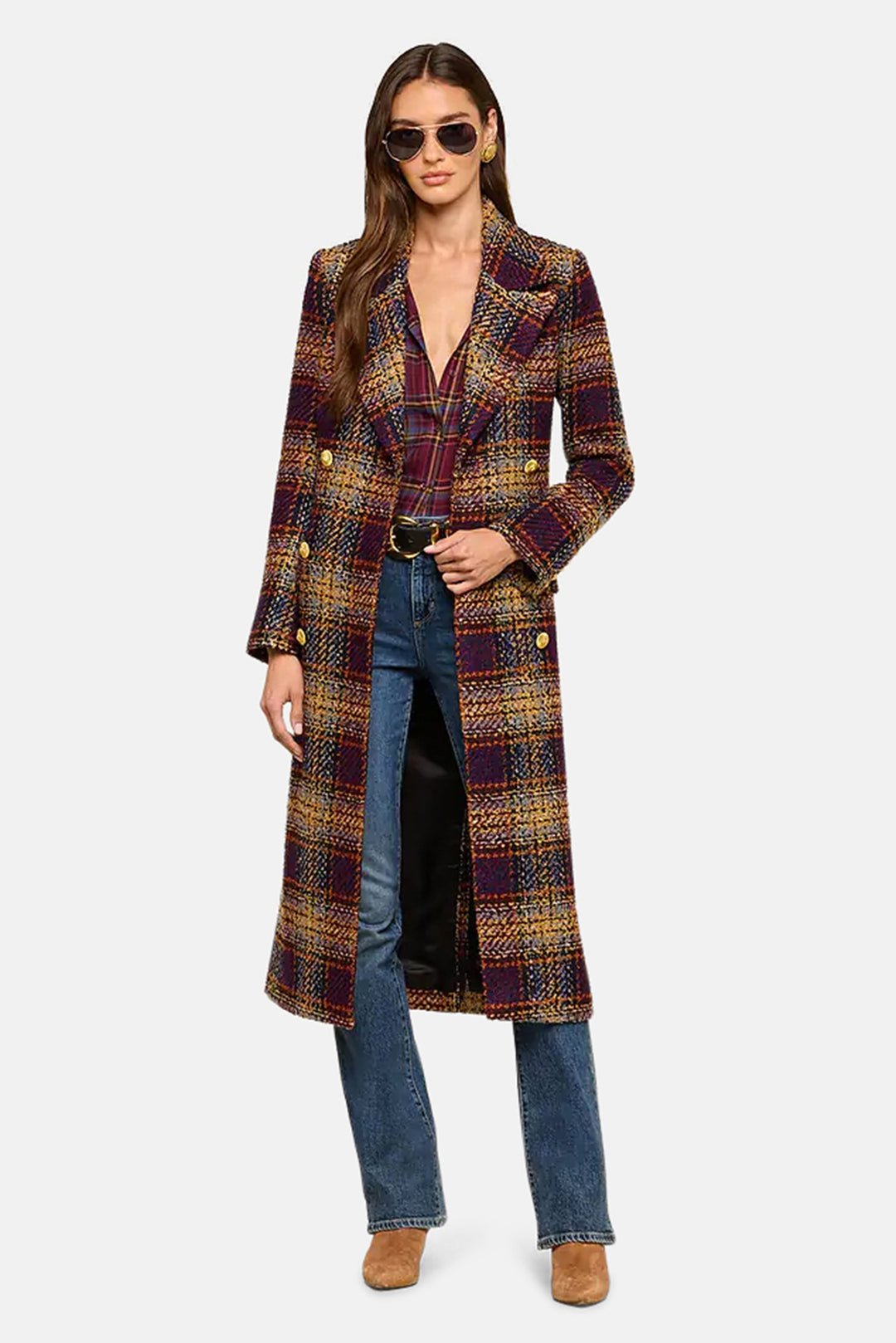 Kolina Tweed Long Coat Navy/Burgundy Multi Tweed