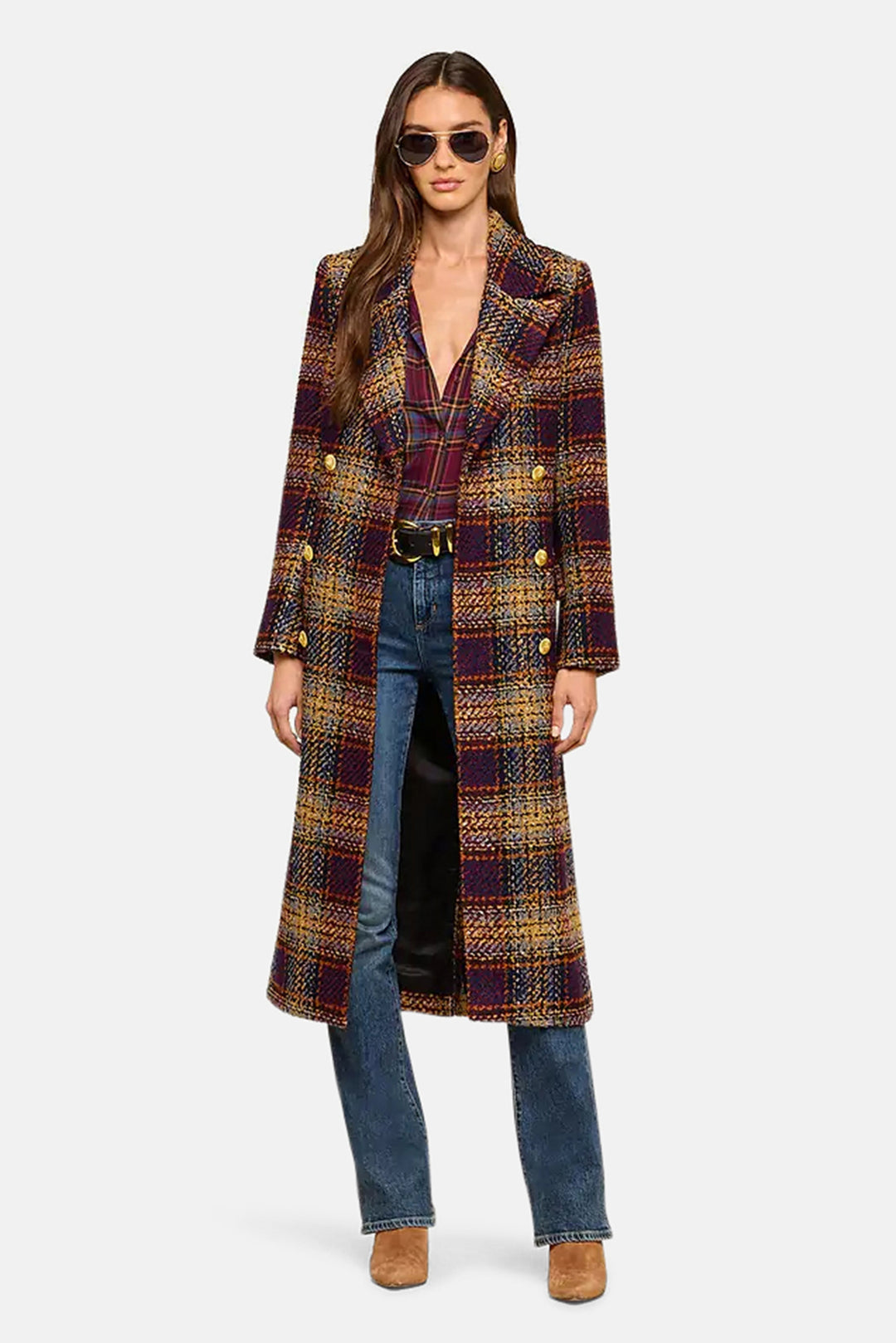 Kolina Tweed Long Coat Navy/Burgundy Multi Tweed