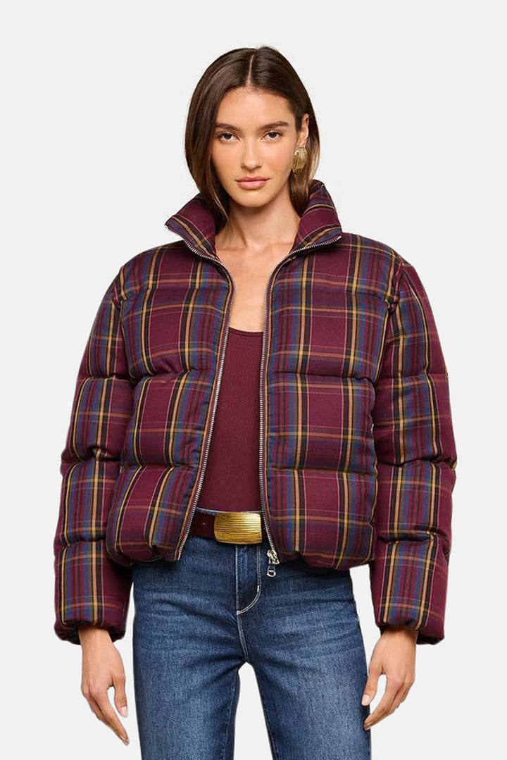 Larsa Oversized Puffer Jacket Burgundy Multi Plaid