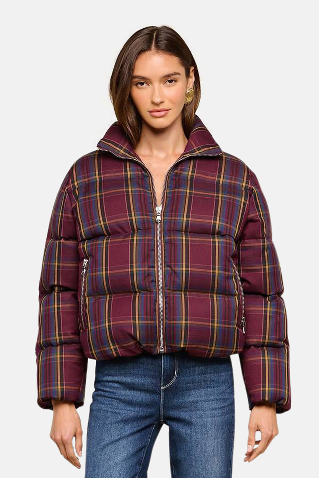 Larsa Oversized Puffer Jacket Burgundy Multi Plaid