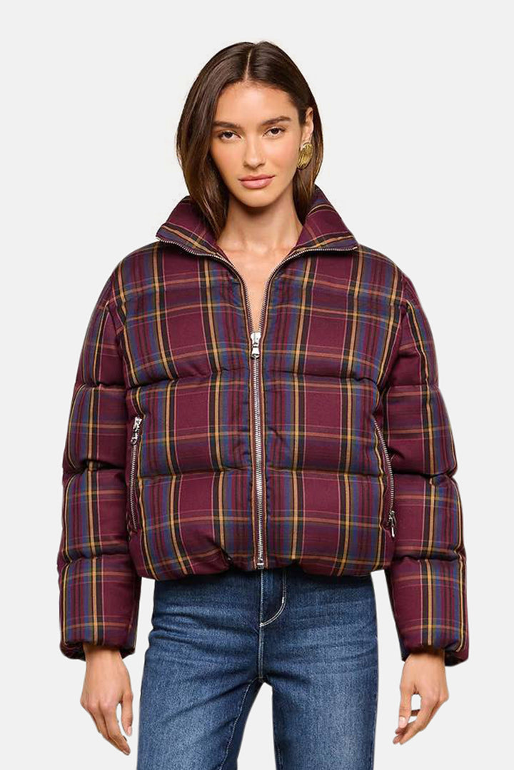 Larsa Oversized Puffer Jacket Burgundy Multi Plaid