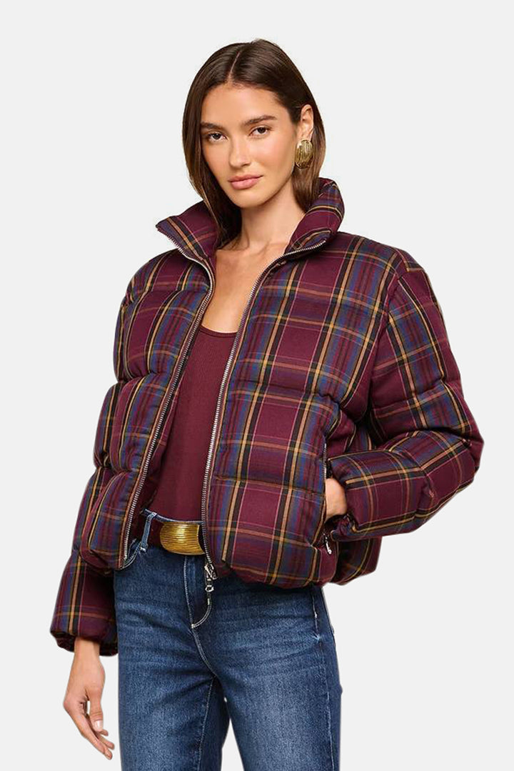 Larsa Oversized Puffer Jacket Burgundy Multi Plaid