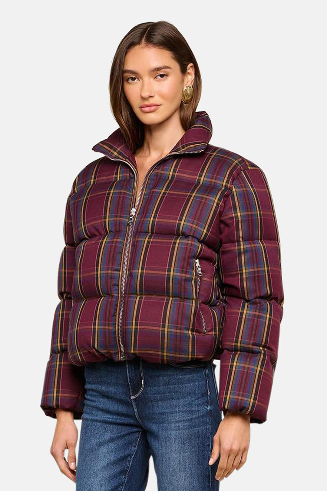 Larsa Oversized Puffer Jacket Burgundy Multi Plaid