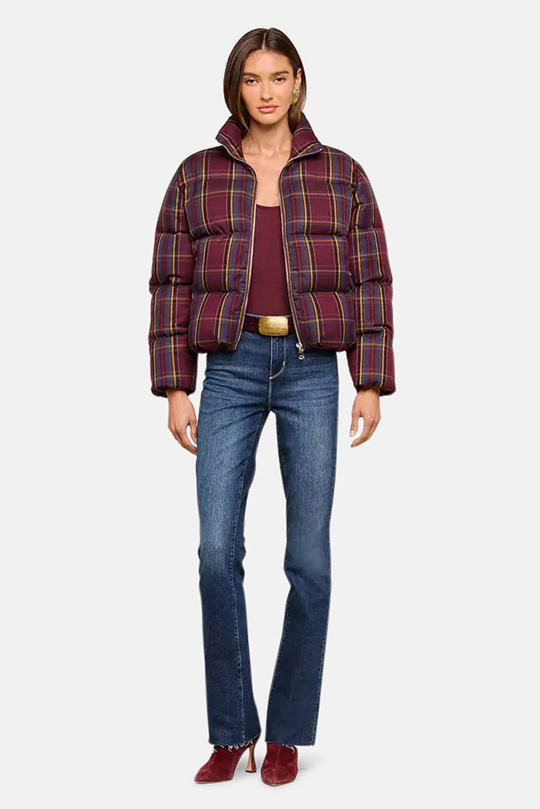 Larsa Oversized Puffer Jacket Burgundy Multi Plaid