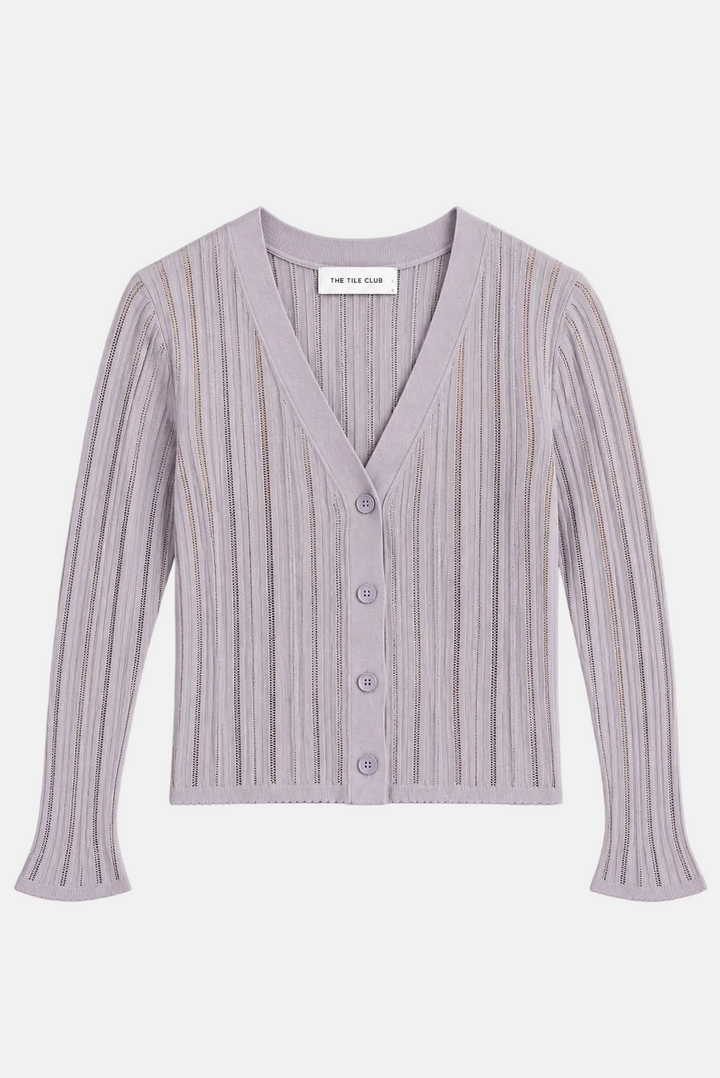 Monica Drop Needle Pointelle Cardigan Pale Grey