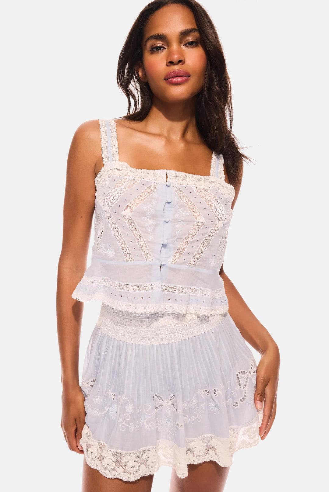 Levant Cotton Embroidered Mini Skirt Pale Blue
