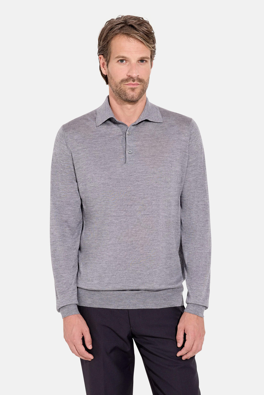 Lightweight Cashmere Silk LS Polo Grey