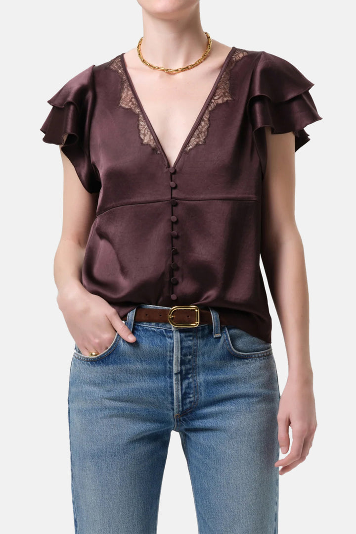 Lola Flutter Lace Sleeve Japanese Hammered Satin Top in Espresso