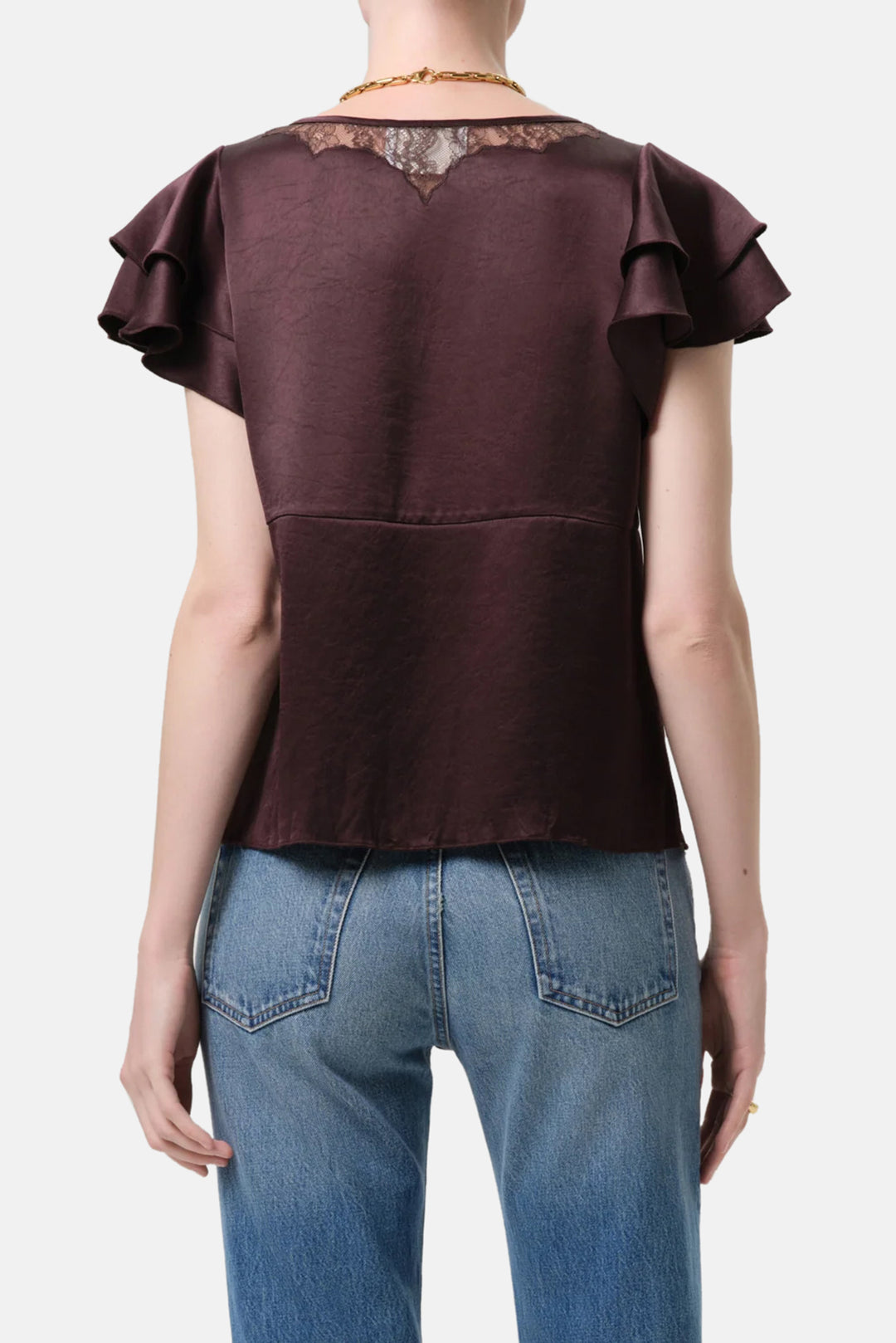 Lola Flutter Lace Sleeve Japanese Hammered Satin Top in Espresso