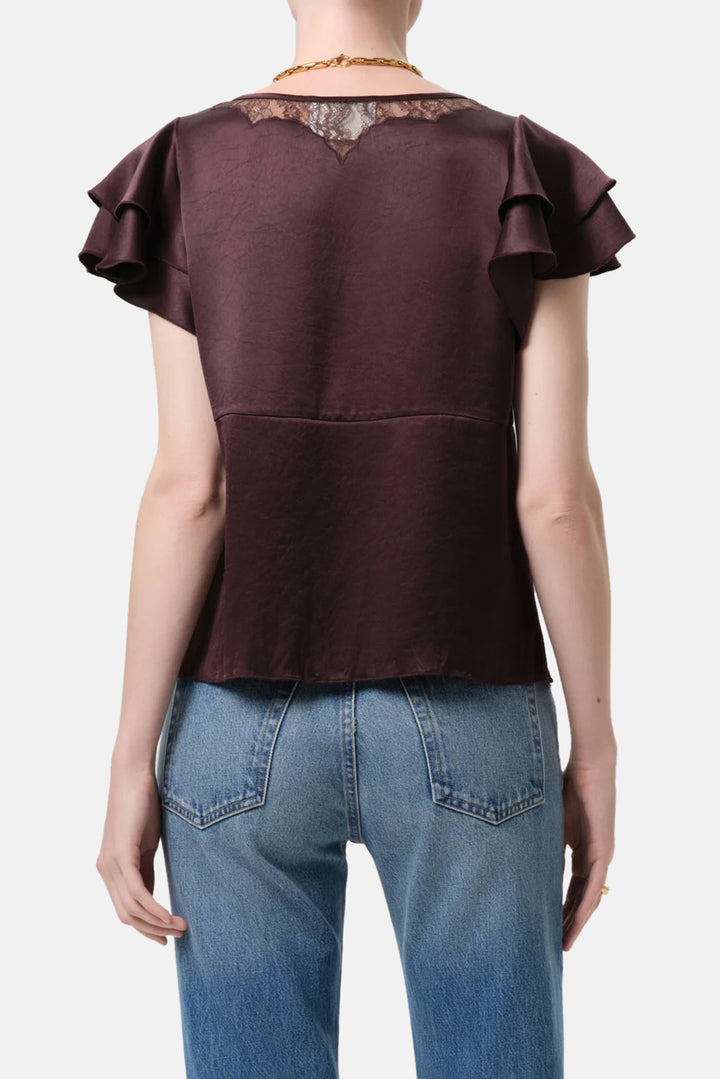 Lola Flutter Lace Sleeve Japanese Hammered Satin Top in Espresso