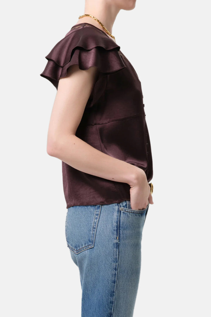 Lola Flutter Lace Sleeve Japanese Hammered Satin Top in Espresso