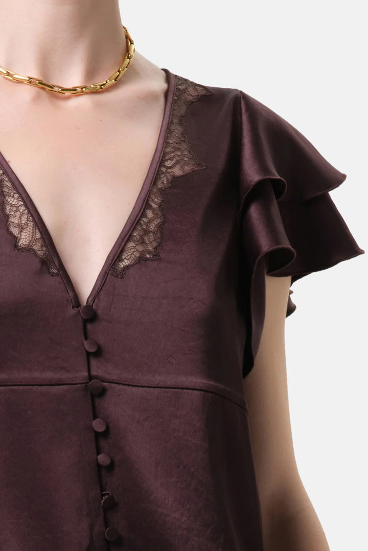 Lola Flutter Lace Sleeve Japanese Hammered Satin Top in Espresso