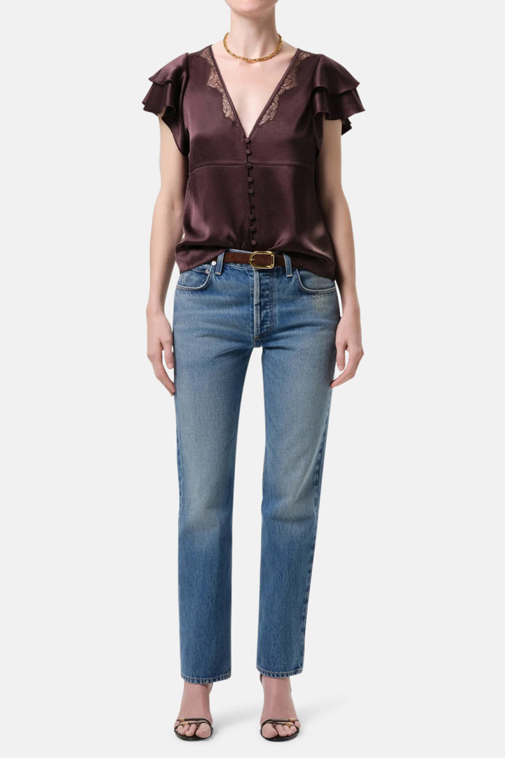 Lola Flutter Lace Sleeve Japanese Hammered Satin Top in Espresso