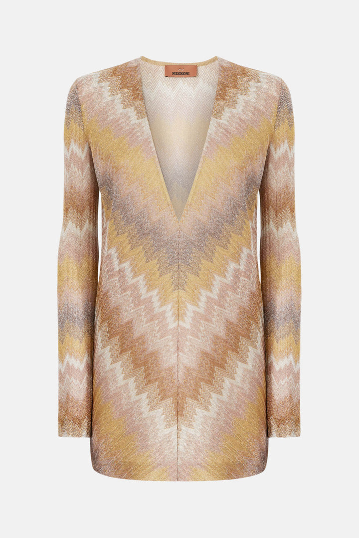 Long-sleeved mini dress in ombre lurex Gold Tones