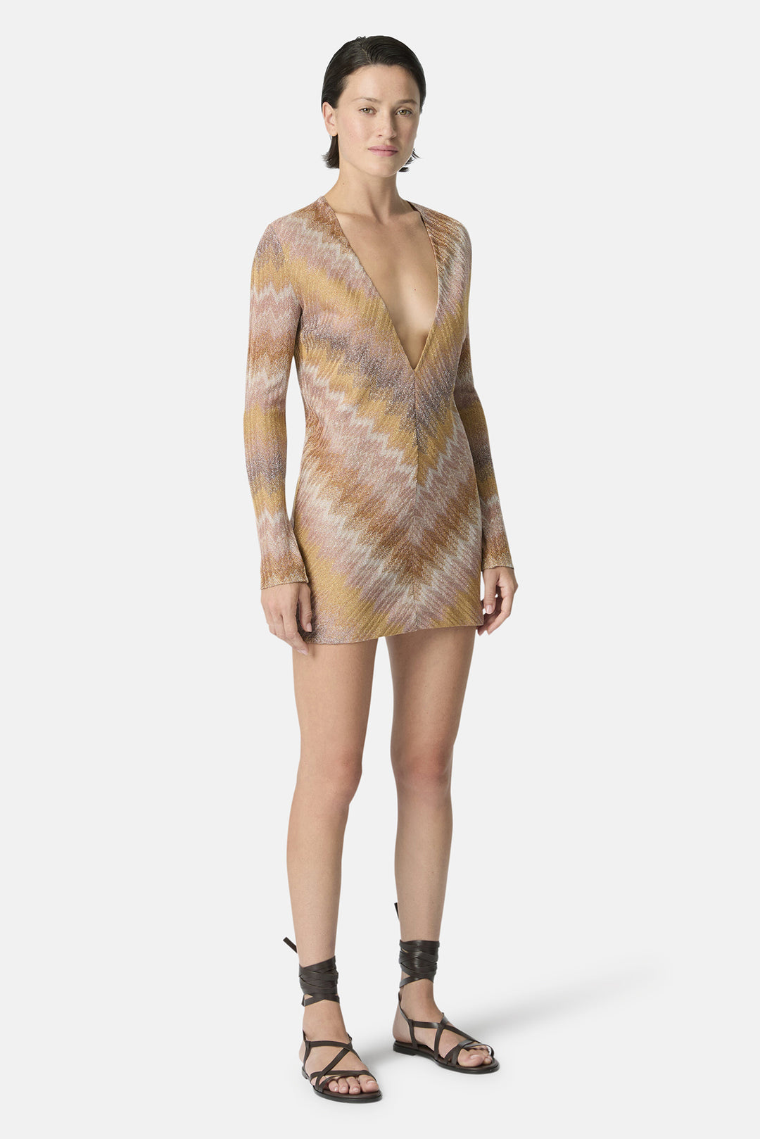 Long-sleeved mini dress in ombre lurex Gold Tones