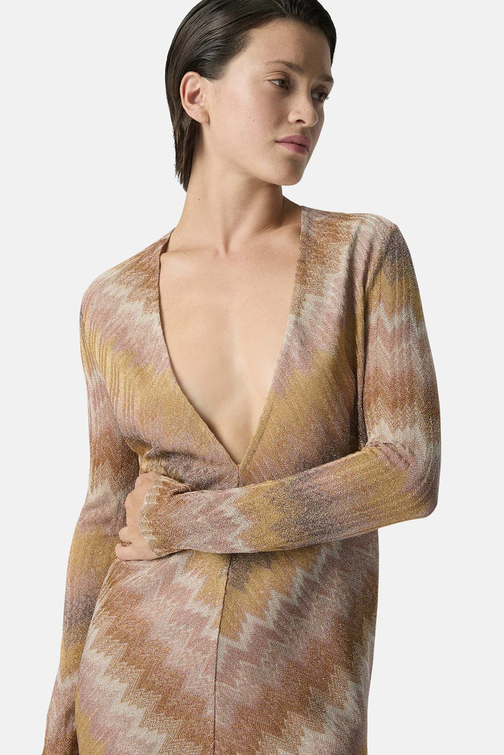 Long-sleeved mini dress in ombre lurex Gold Tones