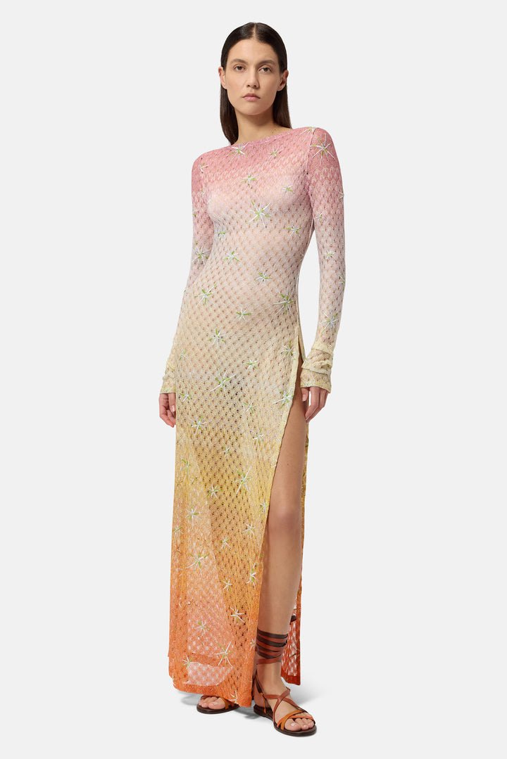 Long Cover-up Dress in Lamé Viscose Dégradé Spiderweb Motif/Embroidery Pink/Red Touches
