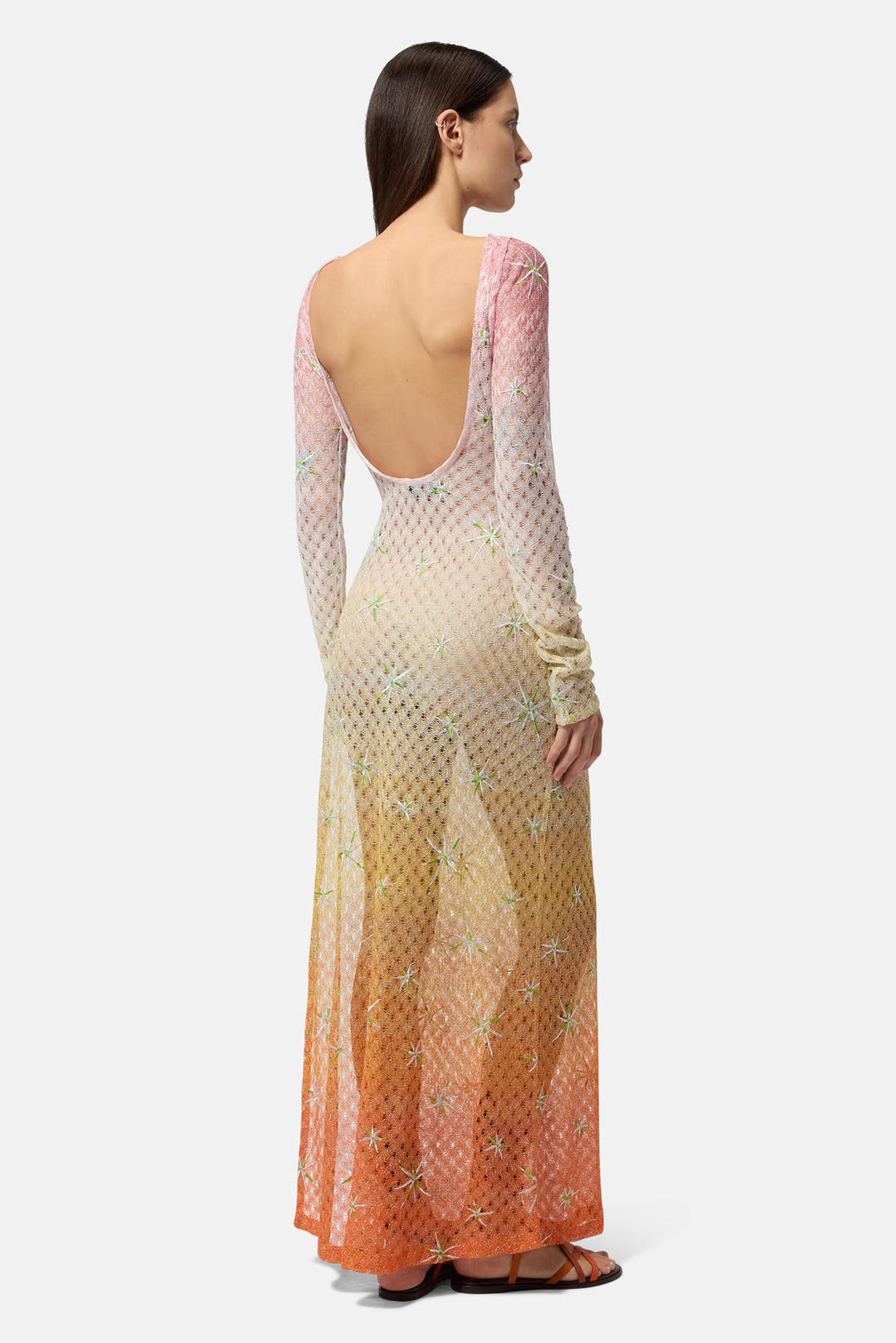 Long Cover-up Dress in Lamé Viscose Dégradé Spiderweb Motif/Embroidery Pink/Red Touches
