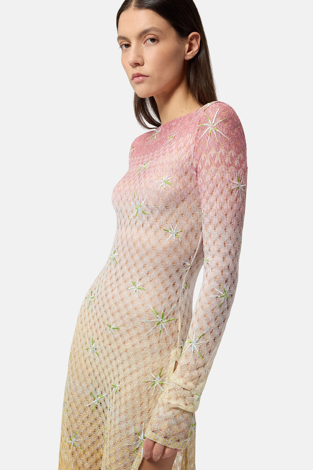 Long Cover-up Dress in Lamé Viscose Dégradé Spiderweb Motif/Embroidery Pink/Red Touches