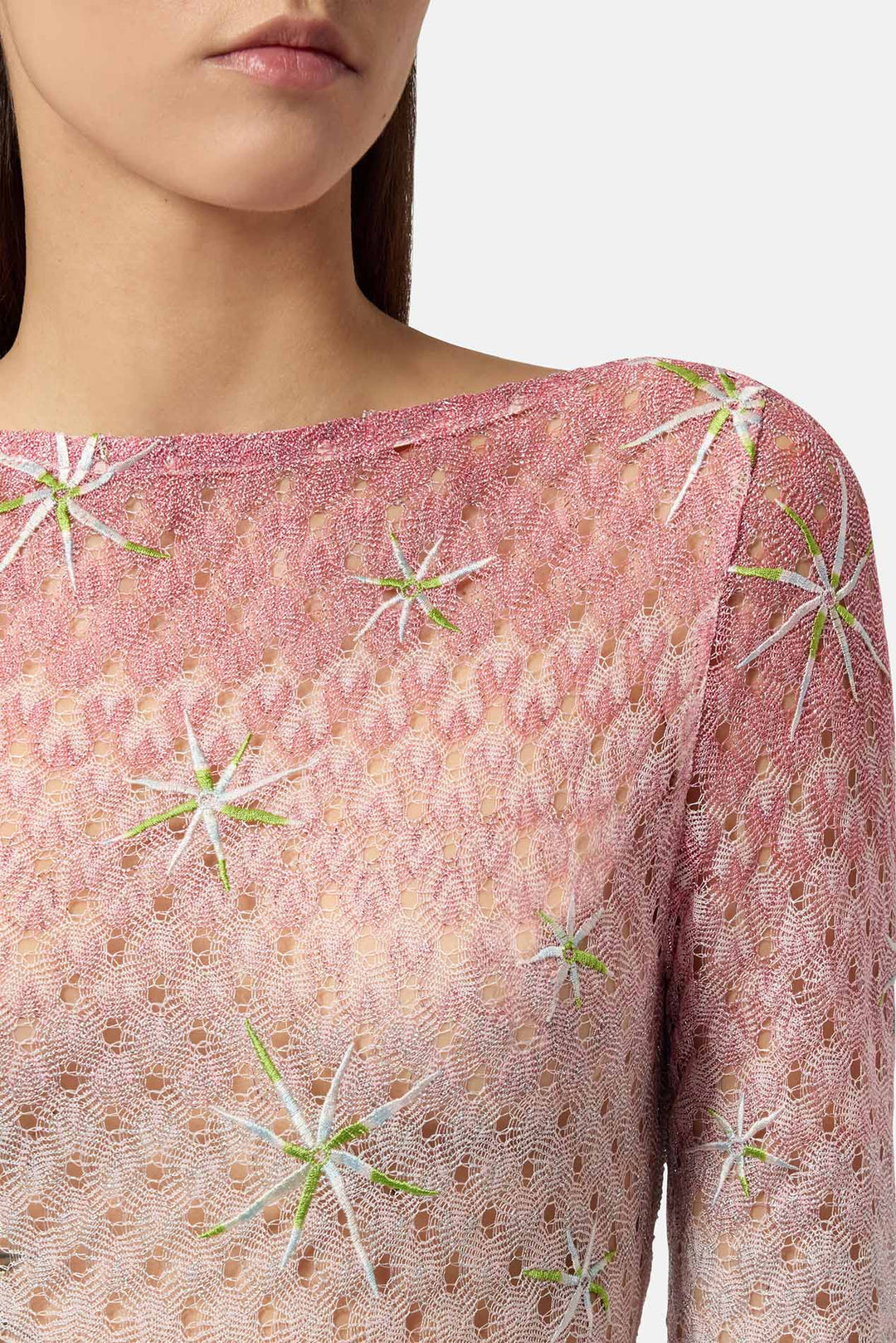 Long Cover-up Dress in Lamé Viscose Dégradé Spiderweb Motif/Embroidery Pink/Red Touches