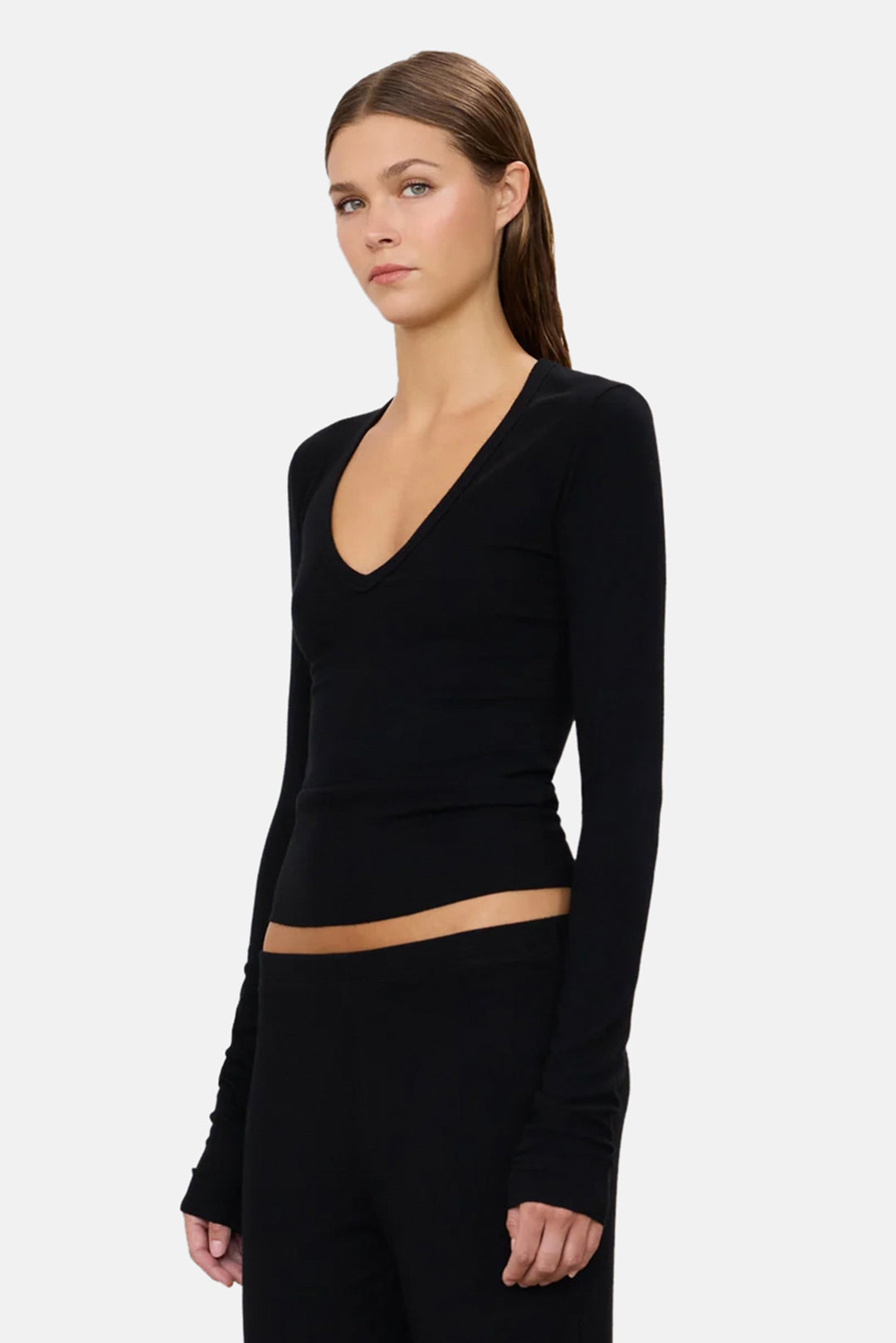 Long Sleeve V-Neck Top Black